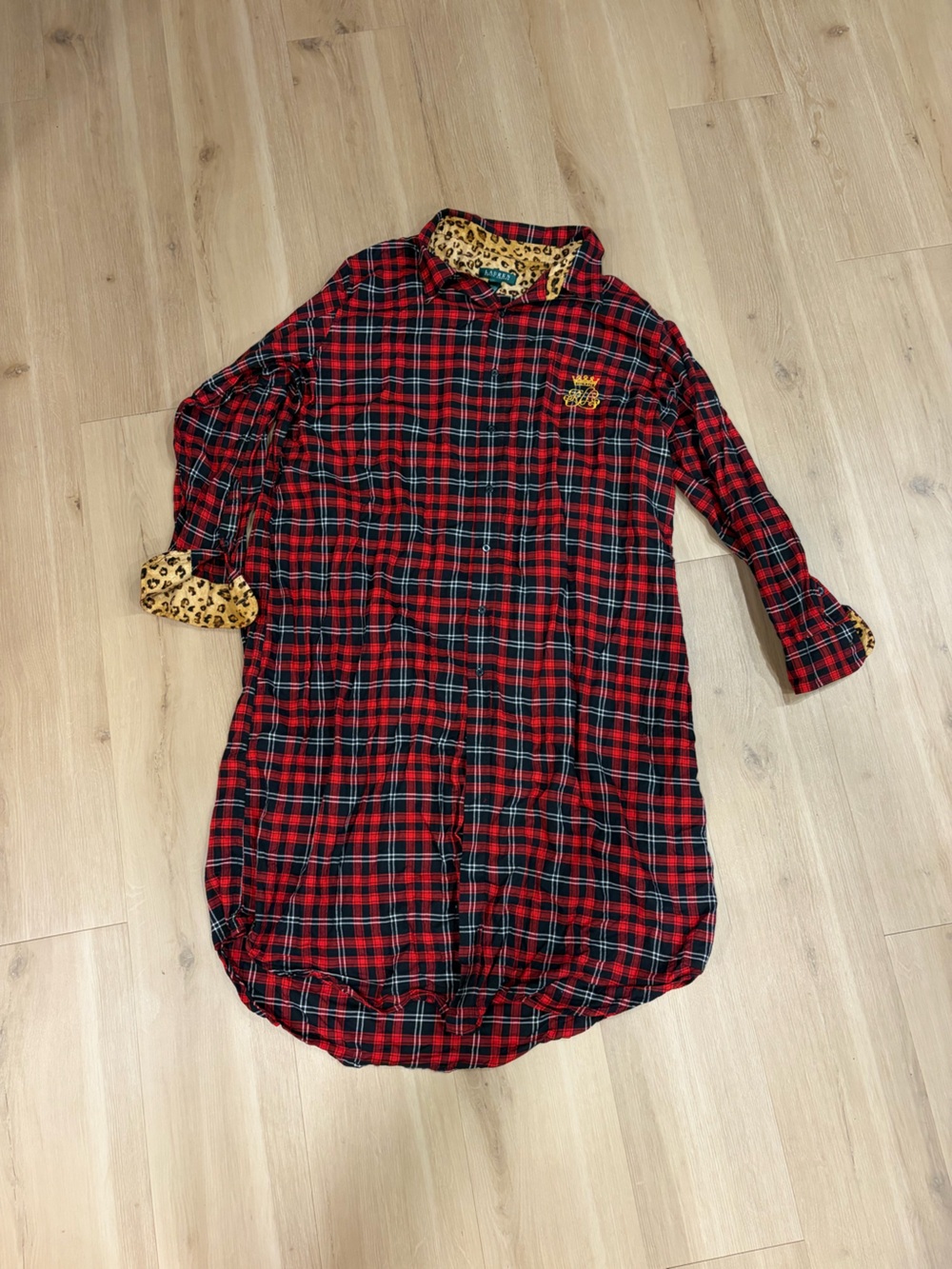 Ralph Lauren Red and Black Plaid Button-Down Shirt Dress monogram 100% cotton